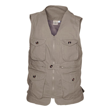 Tag Safari Livingstone Vest for Women features a vented back, mesh liner, flap-covered chest and waist pockets, zippered inside security pockets, and full zippered front closure. Shown in Khaki.