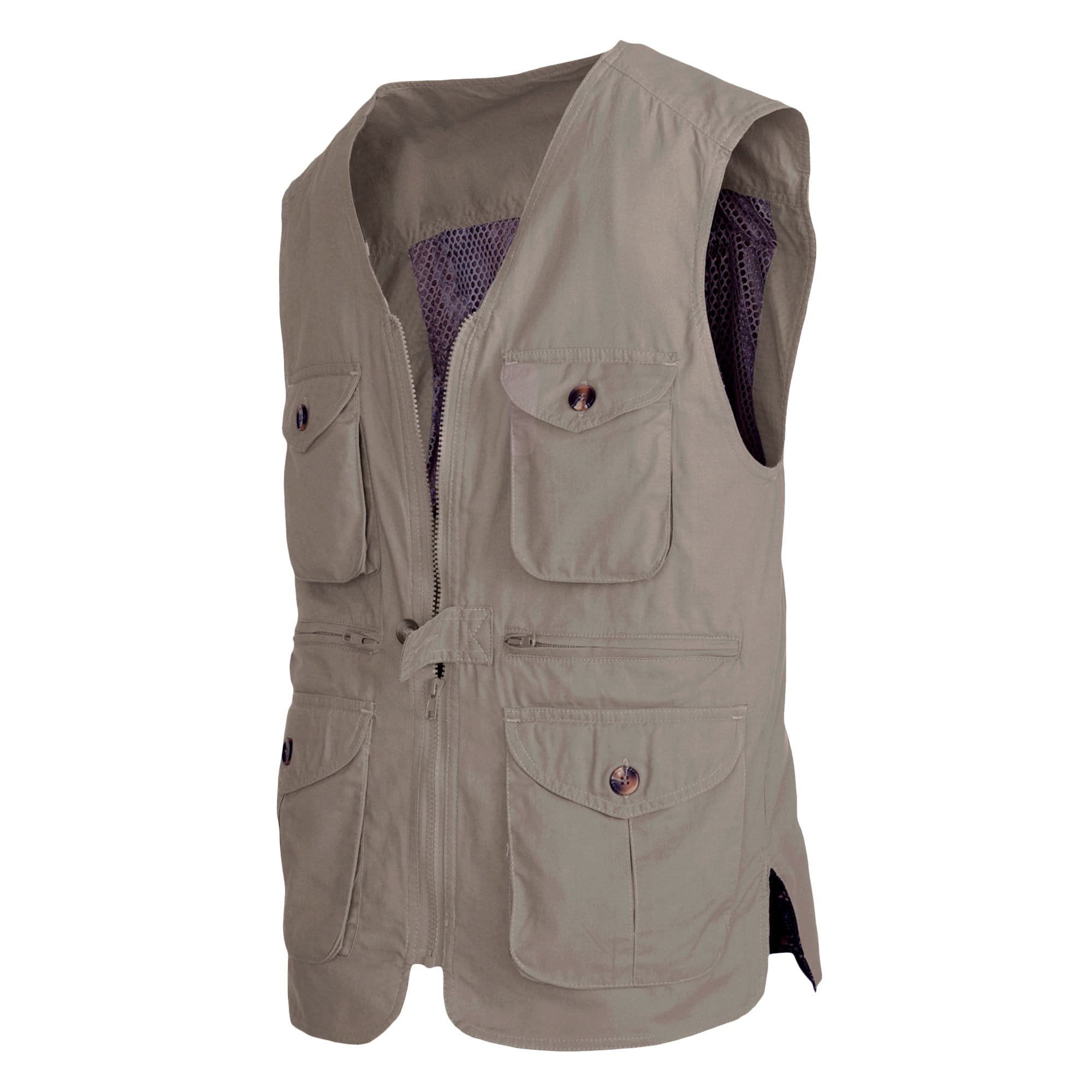 Side view of a Tag Safari Livingstone Vest for Women in Khaki. Shows two button-flap chest pockets, two zippered waist pockets, two button-flap waist pockets, and a zippered front closure.--3