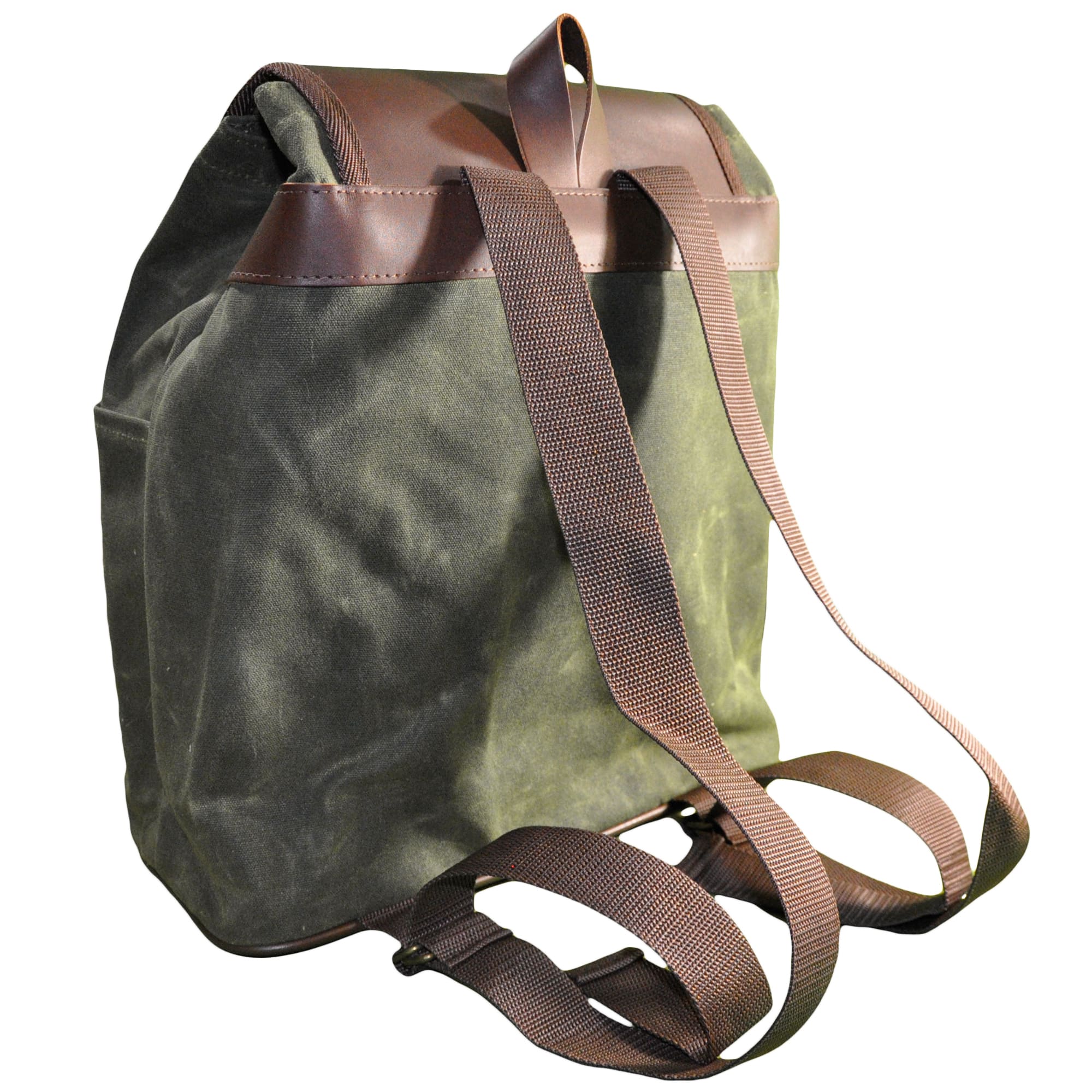 Right side and back of a Tag Safari Waxed Cotton Canvas Duffle Bag in Field Tan. Shows a leather top flap with buckle and embossed Tag logo leather patch, hand strap, and adjustable web-style shoulder straps.--6