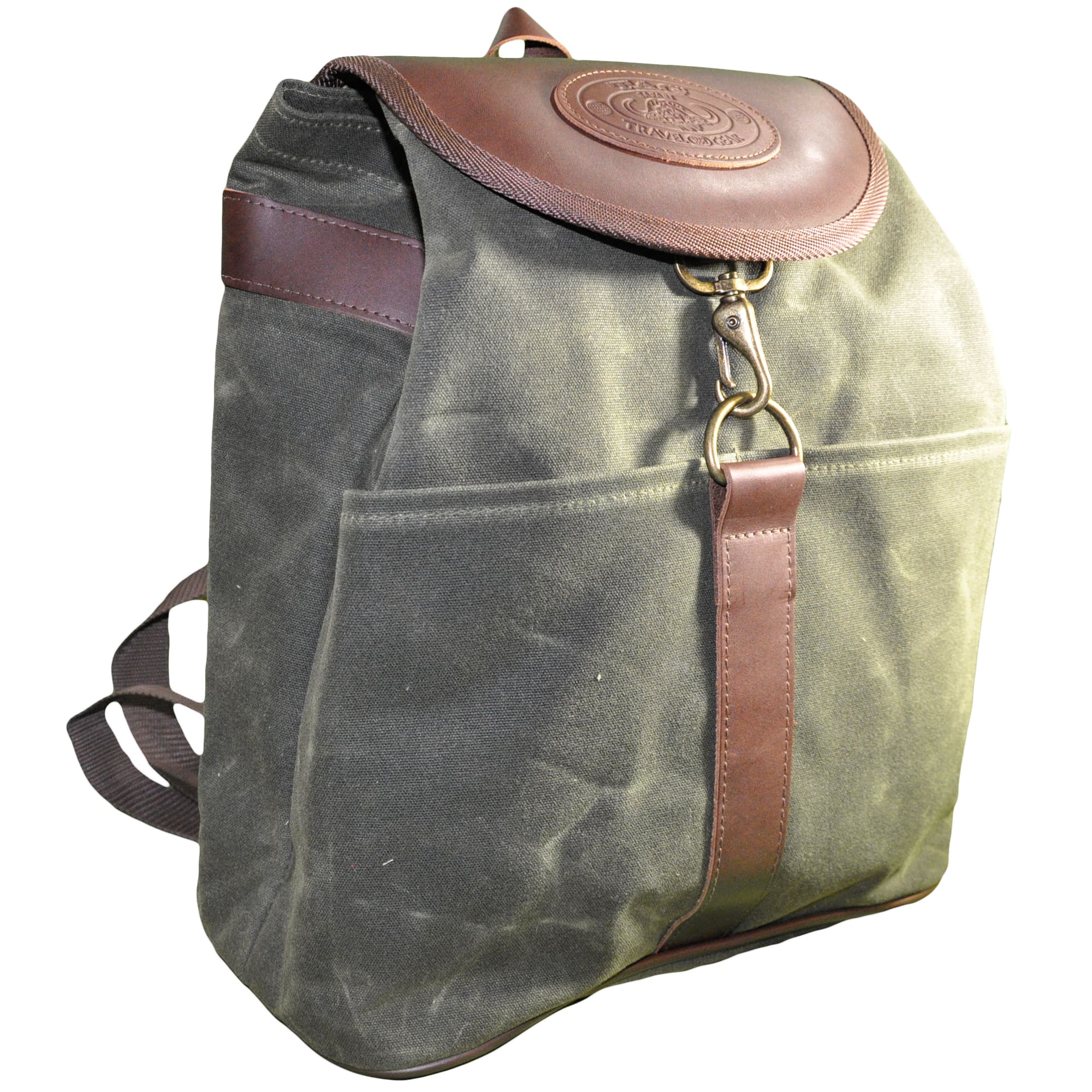 Waxed Cotton Canvas Backpack from Tag Safari in Field Tan features a leather top-flap with buckle and embossed Tag logo, a leather handle, large central drop-in pockets, and adjustable web shoulder straps.--5