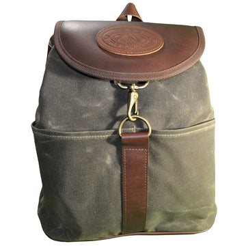 Waxed Cotton Canvas Backpack from Tag Safari in Olive Green features a leather top-flap with buckle and embossed Tag logo, a leather handle, large central drop-in pockets, and adjustable web shoulder straps.