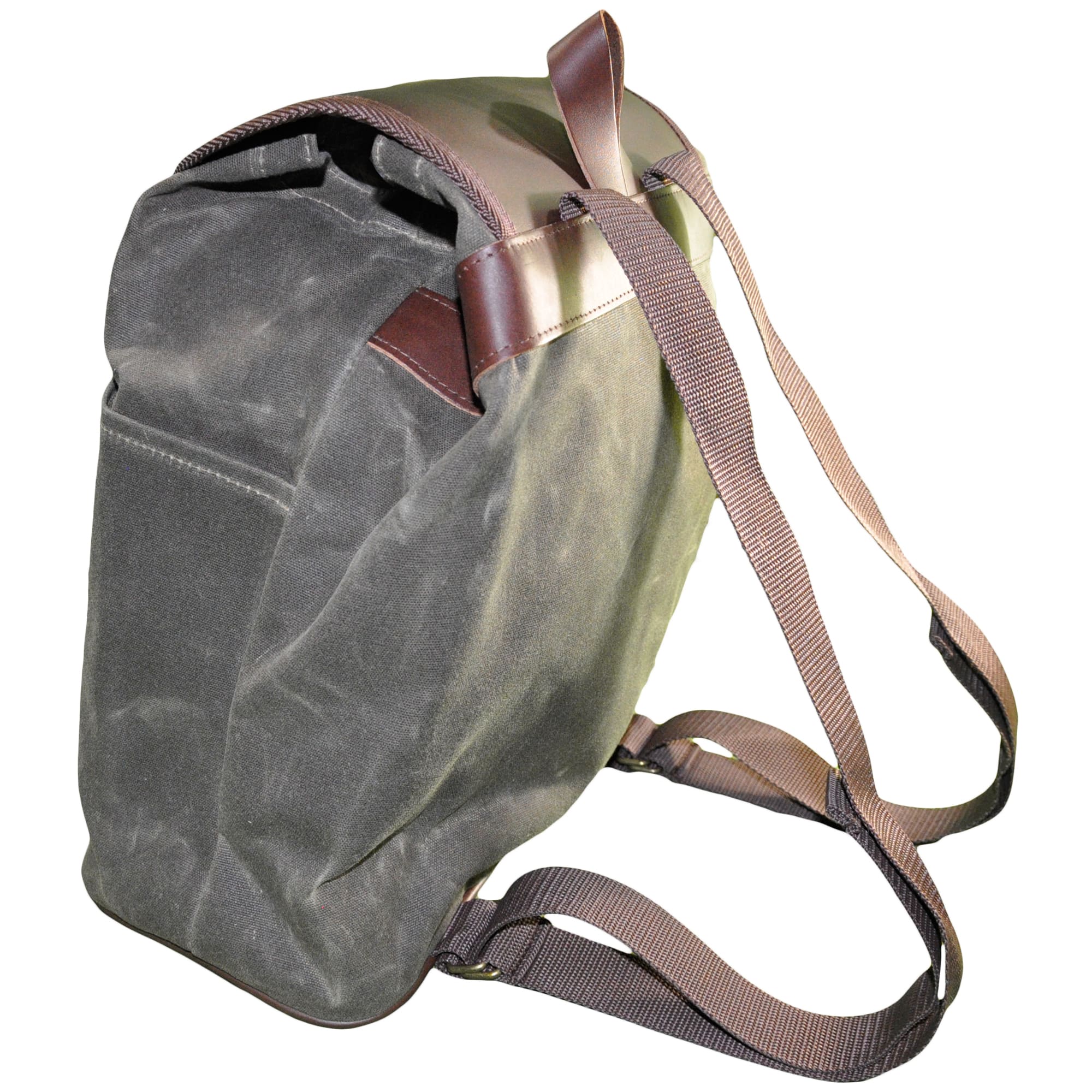 Right side and back of a Tag Safari Waxed Cotton Canvas Duffle Bag in Olive Green. Shows a leather top flap with buckle and embossed Tag logo leather patch, hand strap, and adjustable web-style shoulder straps.--3