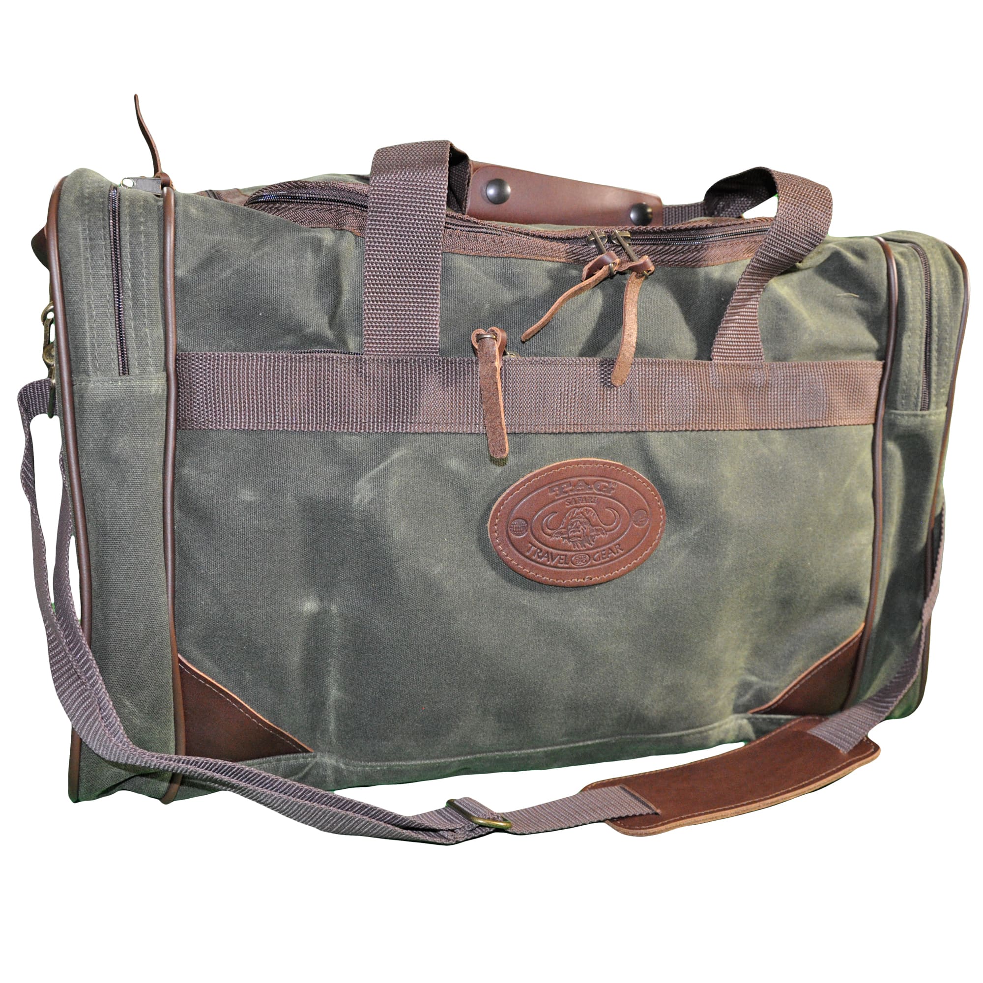 Waxed Cotton Canvas Duffle Bag from Tag Safari in Field Tan features a zippered top, zippered pouches on each end, an adjustable web shoulder strap with cushion, web handles, and an embossed Tag logo leather patch.--6