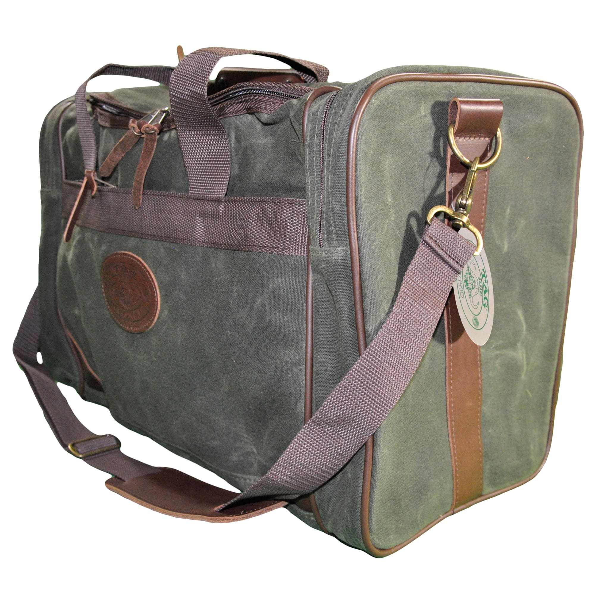 Waxed Cotton Canvas Duffle Bag from Tag Safari in Field Tan features a zippered top, zippered pouches on each end, an adjustable web shoulder strap with cushion, web handles, and an embossed Tag logo leather patch.--7