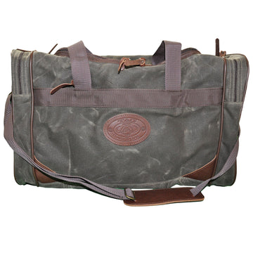Waxed Cotton Canvas Duffle Bag from Tag Safari in Olive Green features a zippered top, zippered pouches on each end, an adjustable web shoulder strap with cushion, web handles, and an embossed Tag logo leather patch.