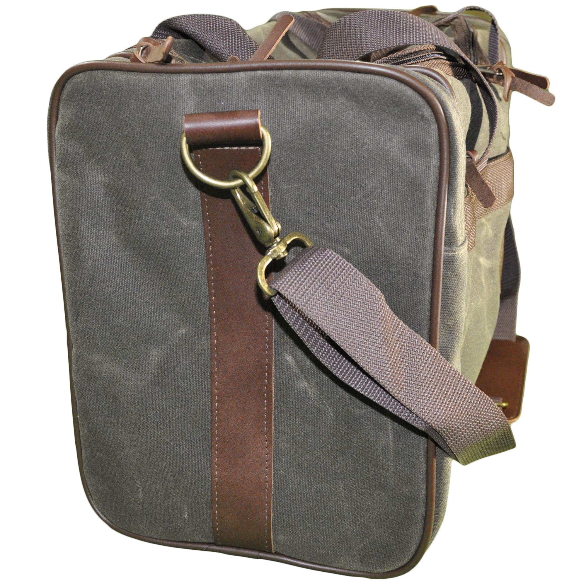 Waxed Cotton Canvas Duffle Bag from Tag Safari in Olive Green features a zippered top, zippered pouches on each end, an adjustable web shoulder strap with cushion, web handles, and an embossed Tag logo leather patch.--3