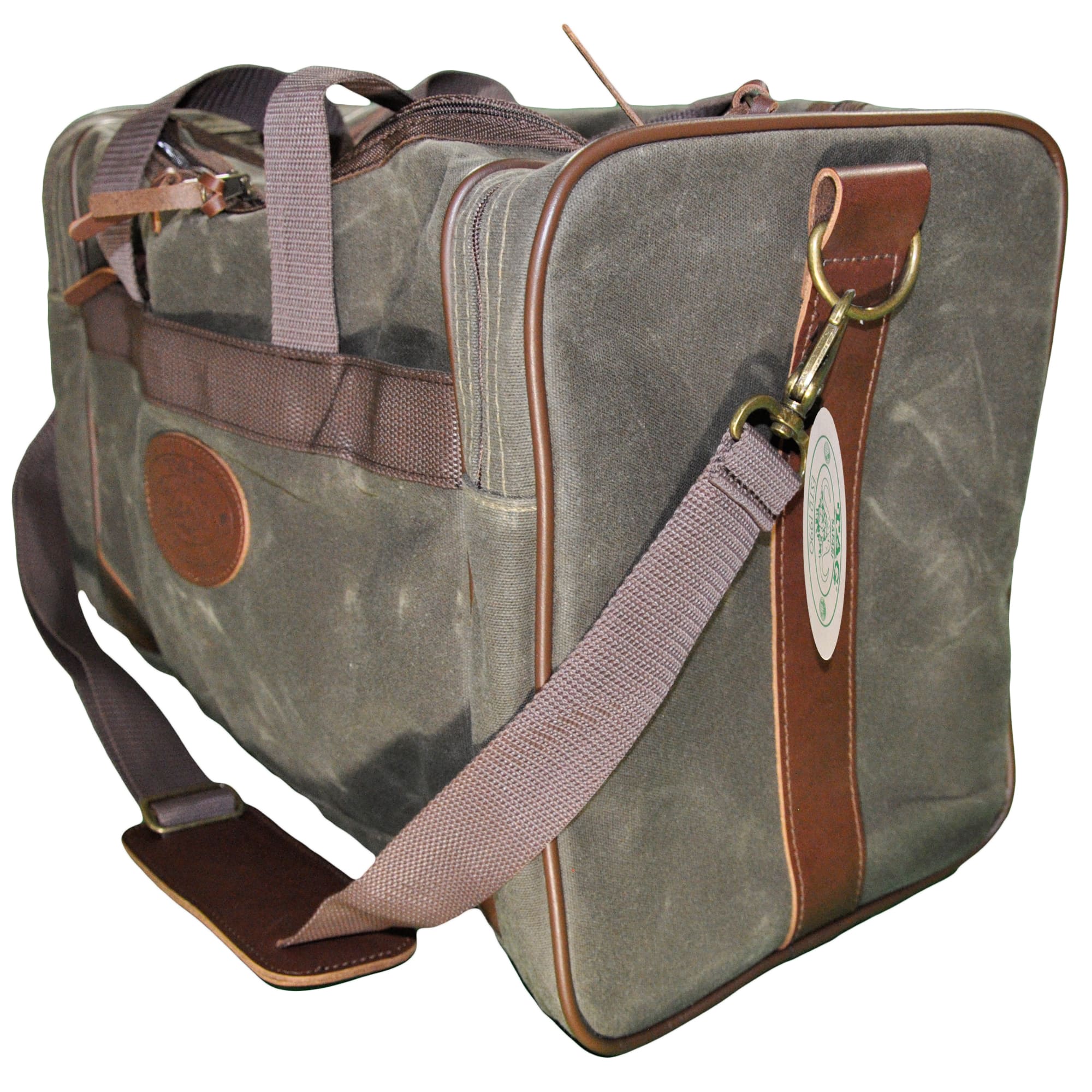 Waxed Cotton Canvas Duffle Bag from Tag Safari in Olive Green features a zippered top, zippered pouches on each end, an adjustable web shoulder strap with cushion, web handles, and an embossed Tag logo leather patch.--4