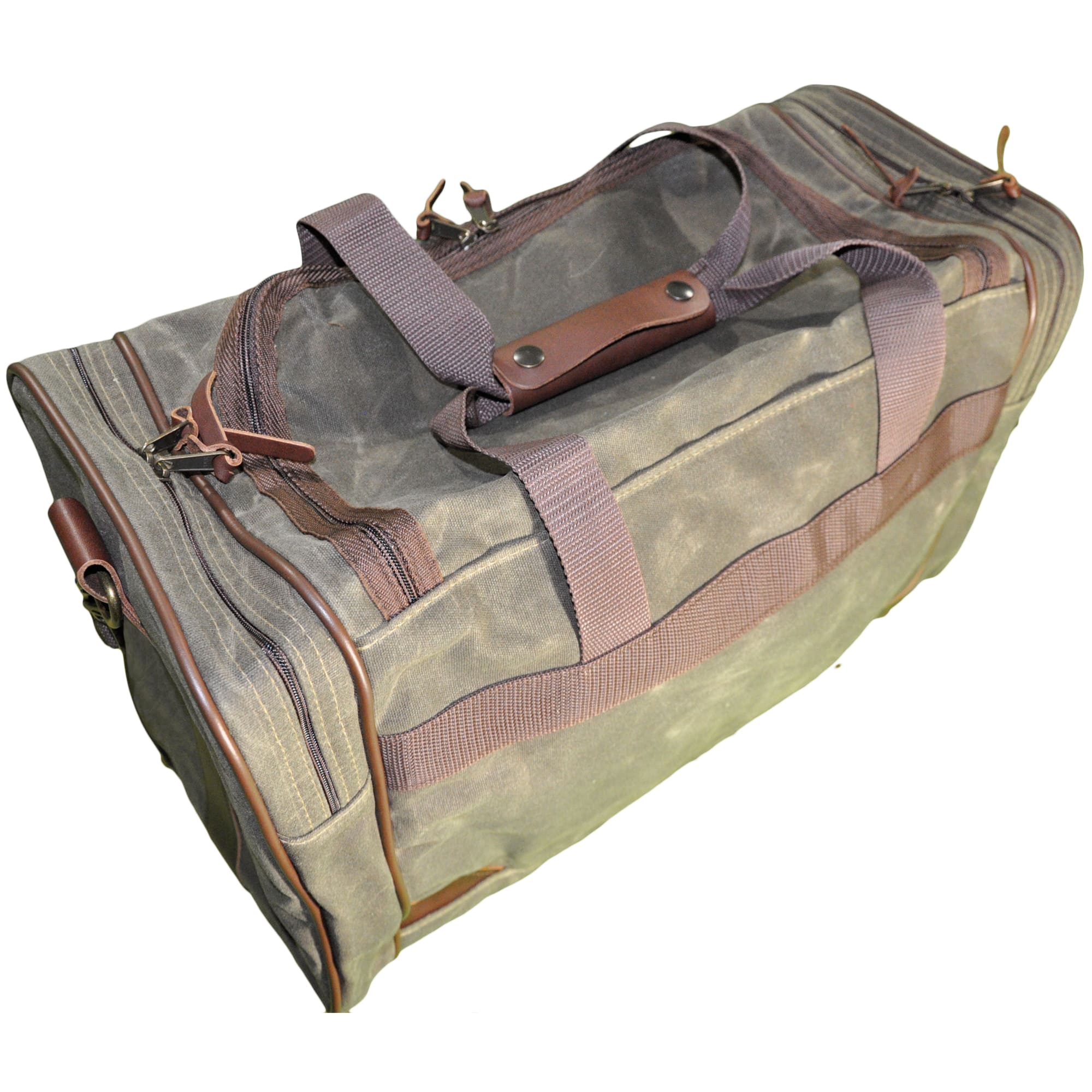 Top and back of a Tag Safari Waxed Cotton Canvas Duffle Bag in Olive Green. Shows a large zippered top, zippered side pouches, and web-style handles.--5