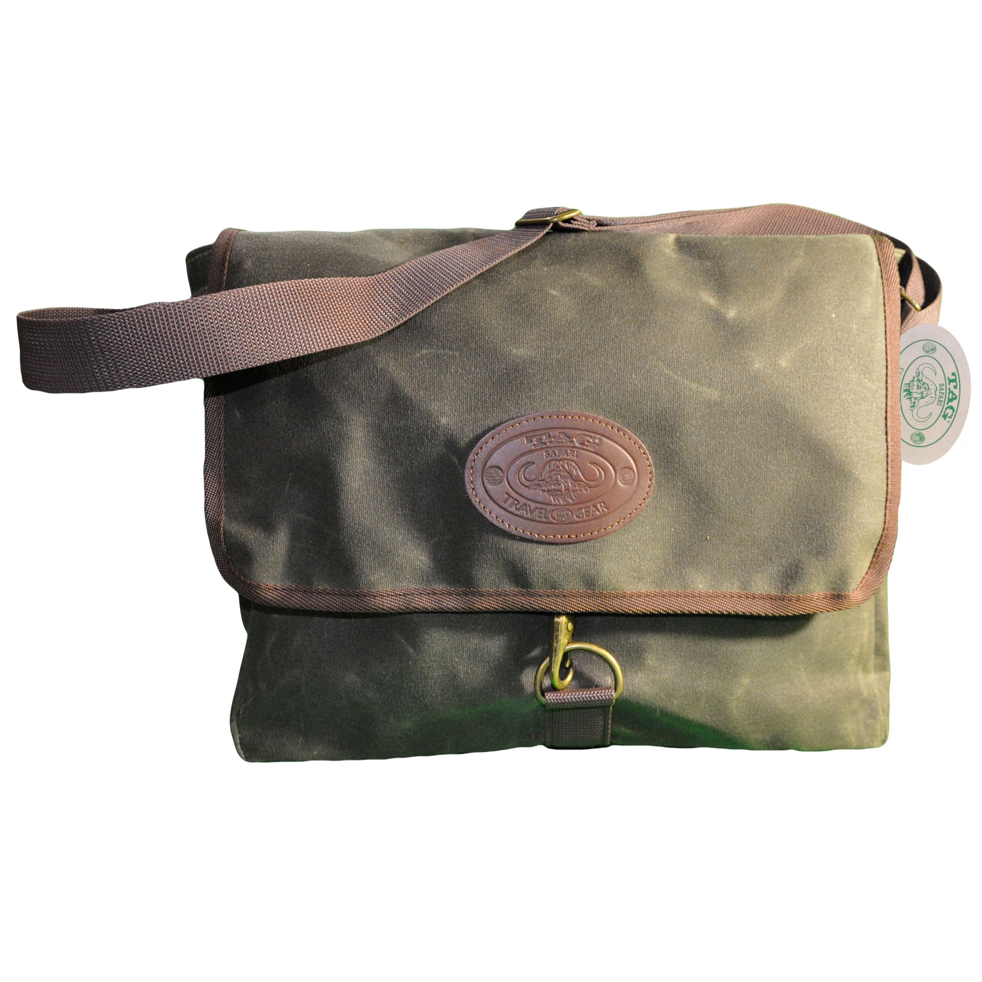 Waxed Cotton Canvas Messenger Bag from Tag Safari in Field Tan features a top flap with buckle, a drop-in pocket in back, an adjustable web shoulder strap, and an embossed Tag logo leather patch.--3
