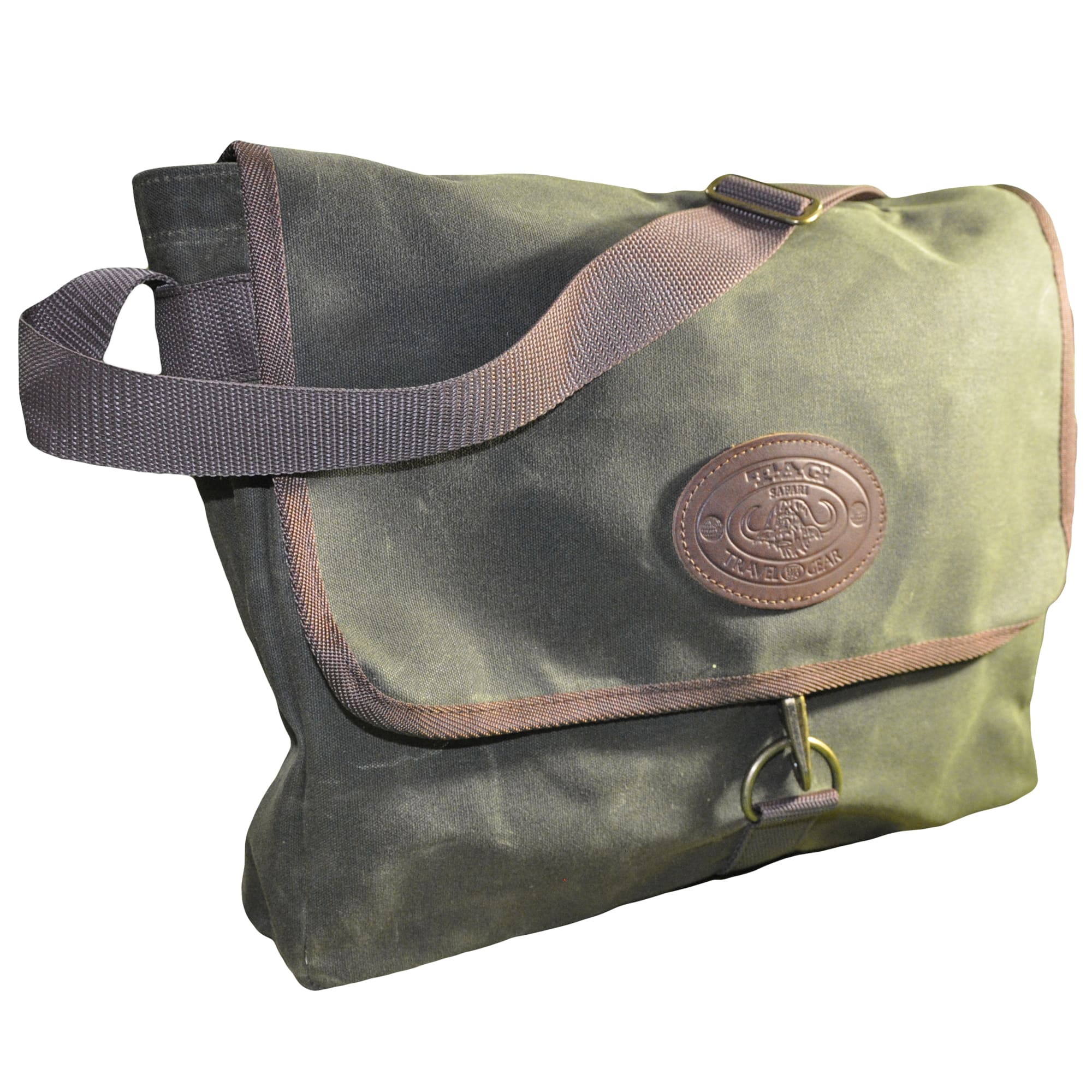 Waxed Cotton Canvas Messenger Bag from Tag Safari in Olive Green features a top flap with buckle, a drop-in pocket in back, an adjustable web shoulder strap, and an embossed Tag logo leather patch.--2