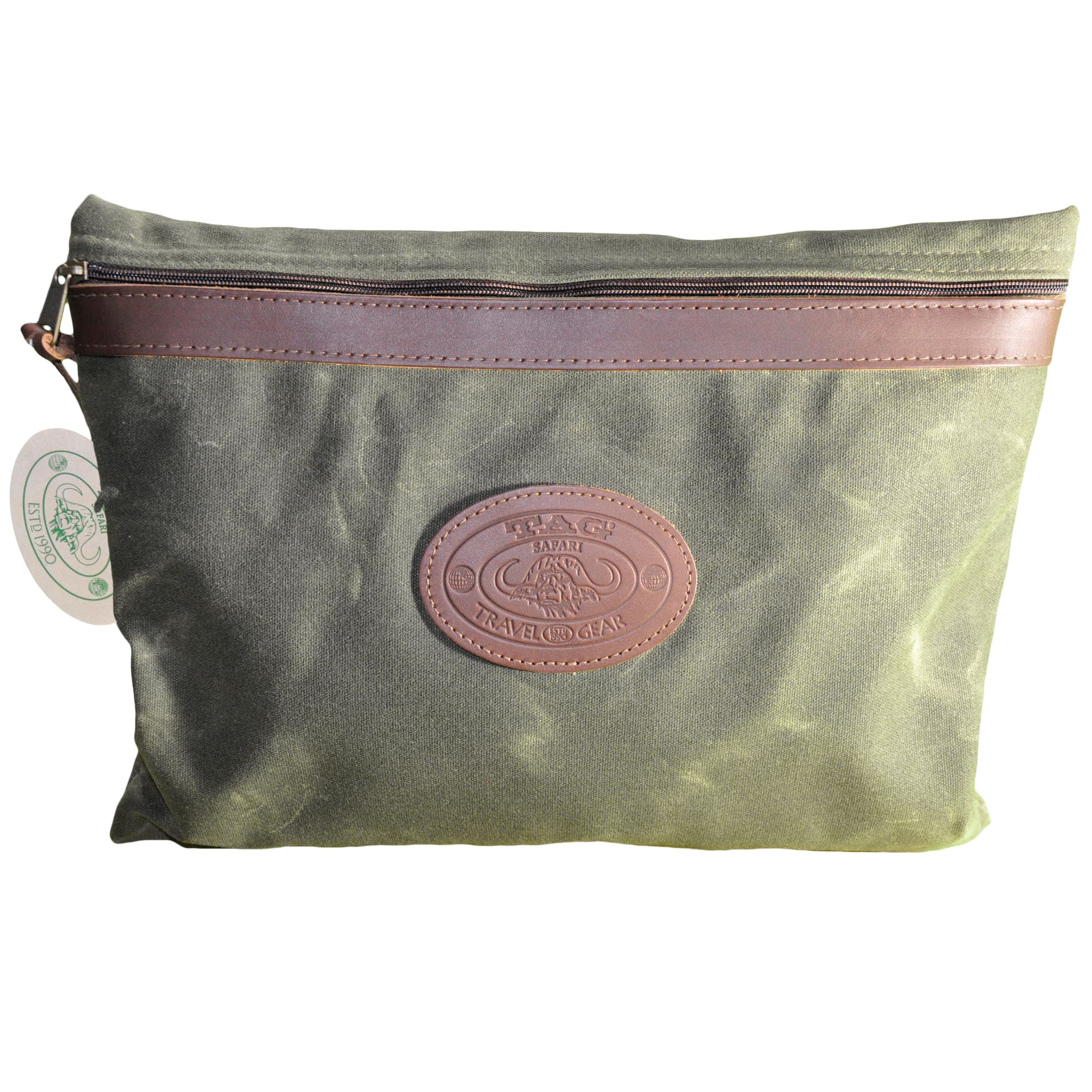 Waxed Cotton Canvas Portfolio from Tag Safari in Field Tan features a zippered top with leather trim, and an embossed Tag logo leather patch.--3