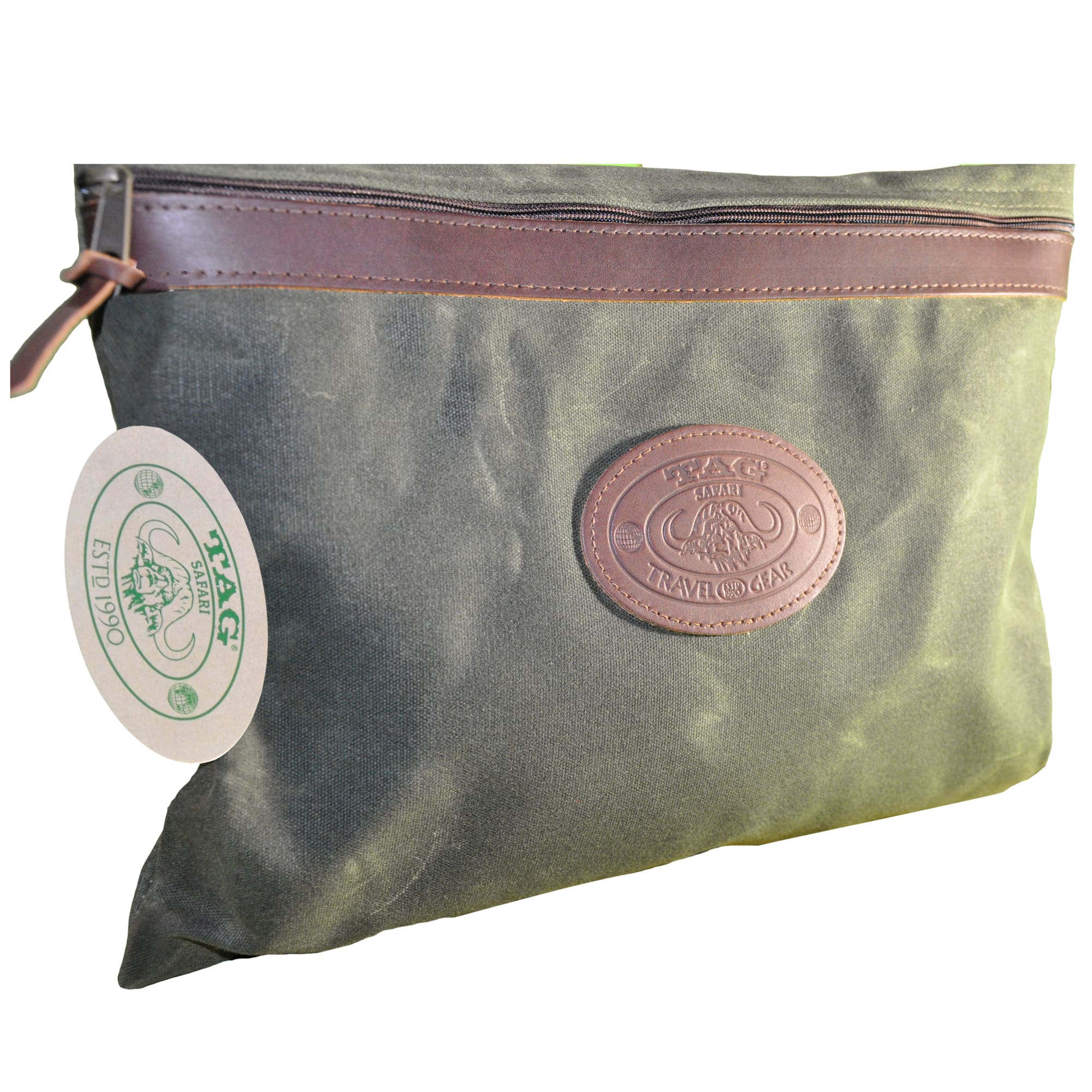 Waxed Cotton Canvas Portfolio from Tag Safari in Field Tan features a zippered top with leather trim, and an embossed Tag logo leather patch.--4