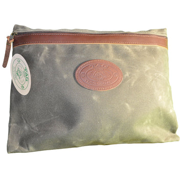 Waxed Cotton Canvas Portfolio from Tag Safari in Olive Green features a zippered top with leather trim, and an embossed Tag logo leather patch.