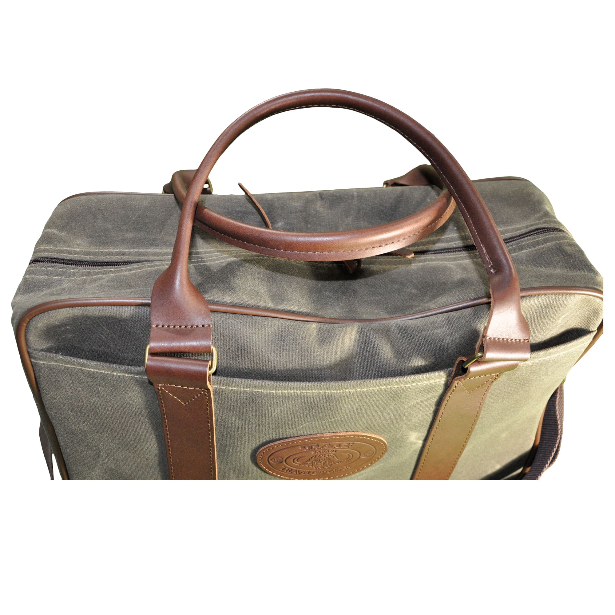 Top and front of a Tag Safari Waxed Cotton Canvas Weekender Bag in Olive Green. Shows a zippered top, a large front drop-in pocket, cushioned leather handles, and an embossed Tag logo leather patch.--3