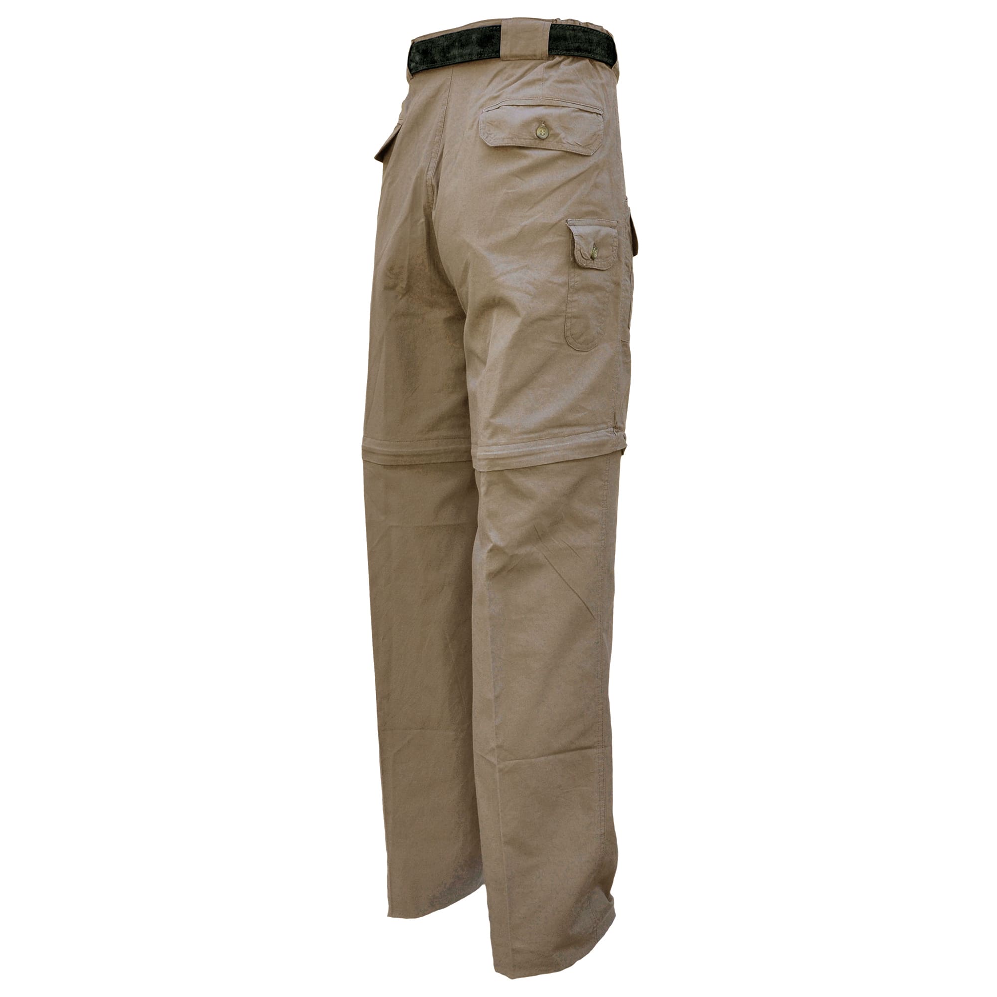 Tag Safari Zambezi Convertible Pants for Men feature zip-off legs, slash-style hip pockets, button-flap side, back, and utility pockets, discreet elastic waist panels, and large belt loops. Shown in Khaki.--7