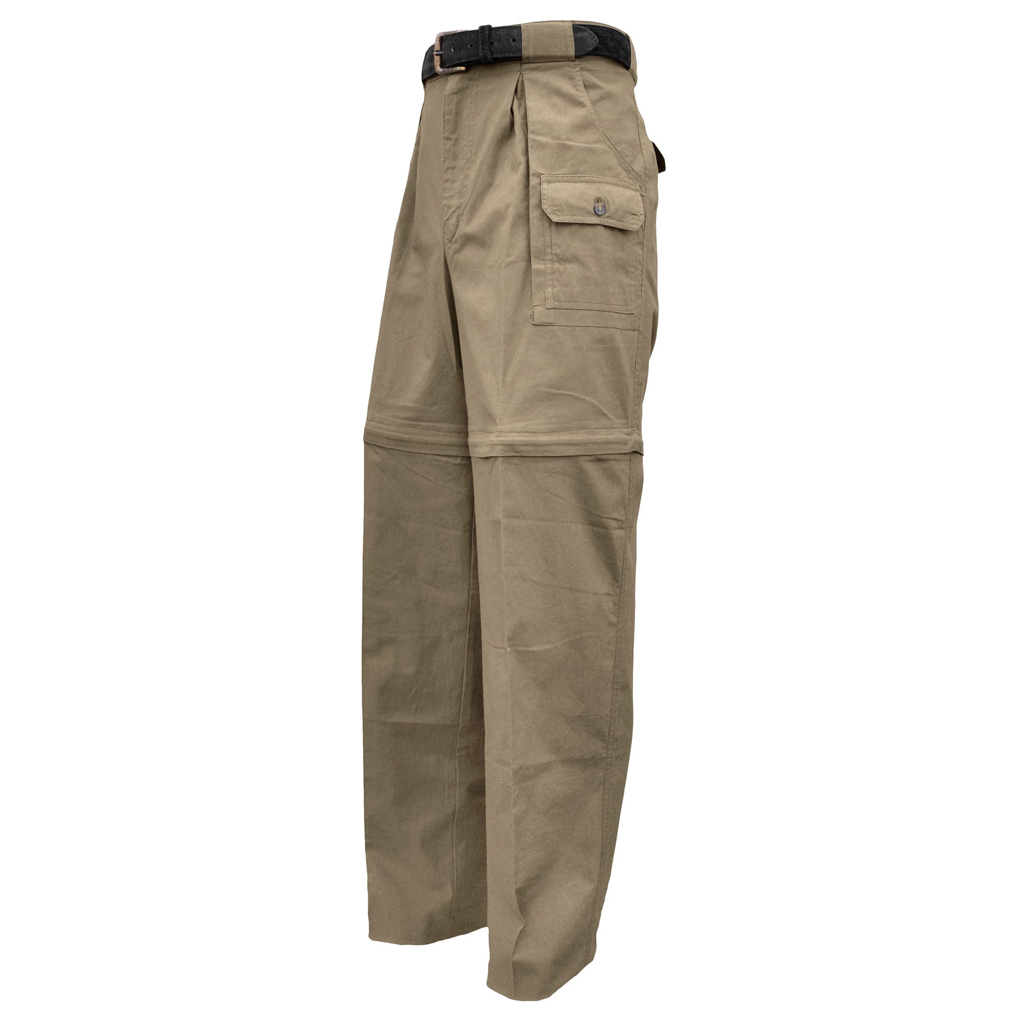 Tag Safari Zambezi Convertible Pants for Men feature zip-off legs, slash-style hip pockets, button-flap side, back, and utility pockets, discreet elastic waist panels, and large belt loops. Shown in Khaki.--6