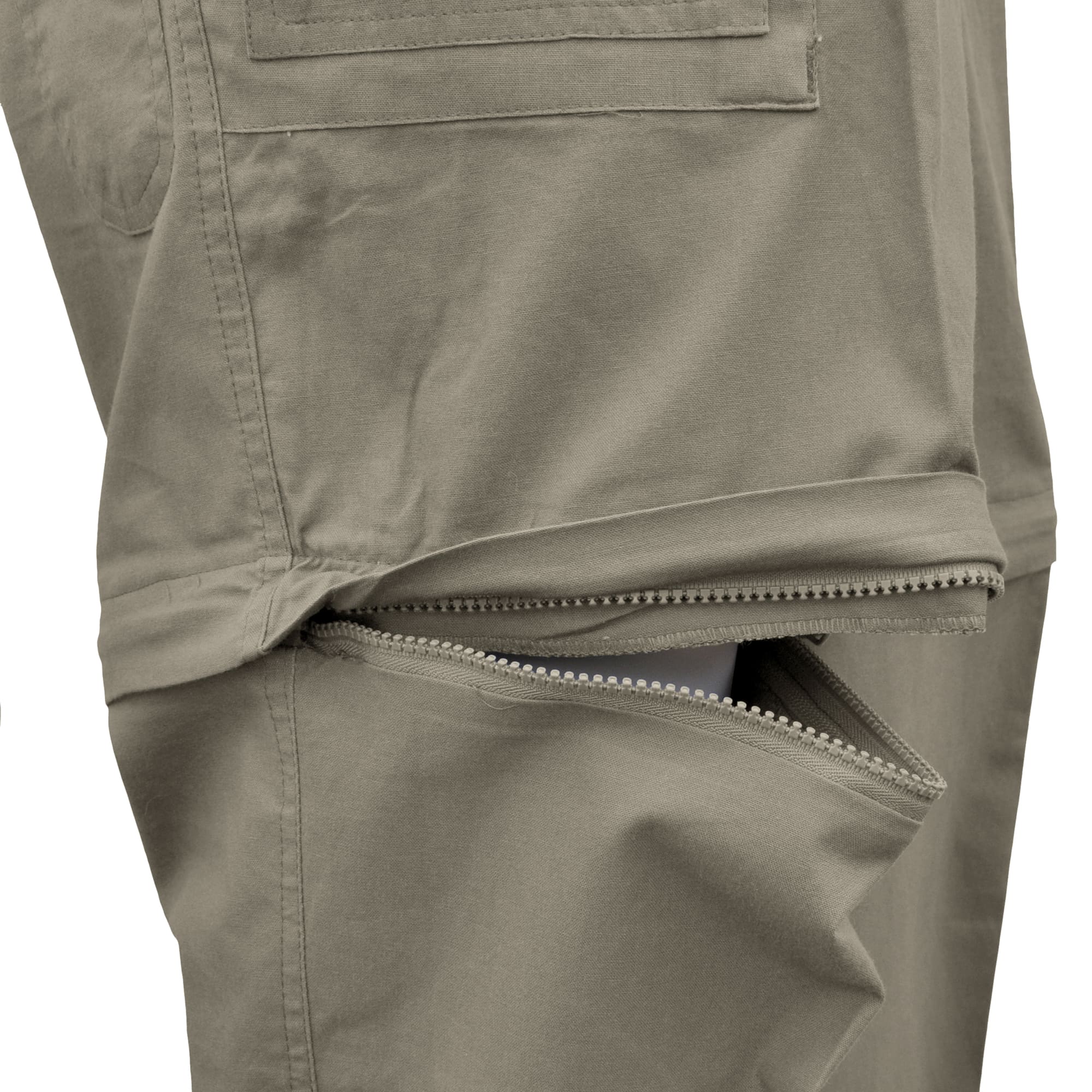 Tag Safari Zambezi Convertible Pants for Men feature zip-off legs, slash-style hip pockets, button-flap side, back, and utility pockets, discreet elastic waist panels, and large belt loops. Shown in Khaki.--8
