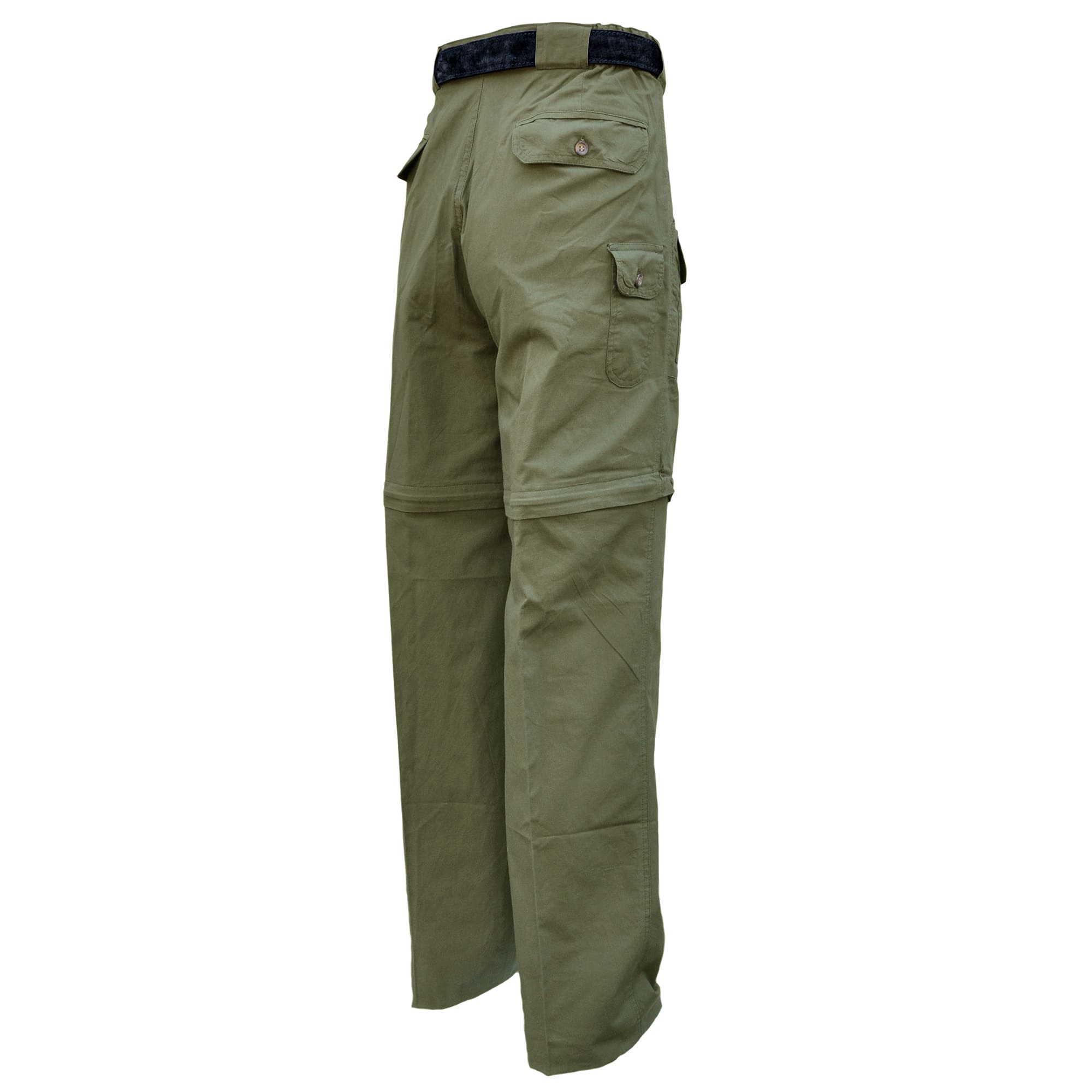 Tag Safari Zambezi Convertible Pants for Men feature zip-off legs, slash-style hip pockets, button-flap side, back, and utility pockets, discreet elastic waist panels, and large belt loops. Shown in Moss Green.--5