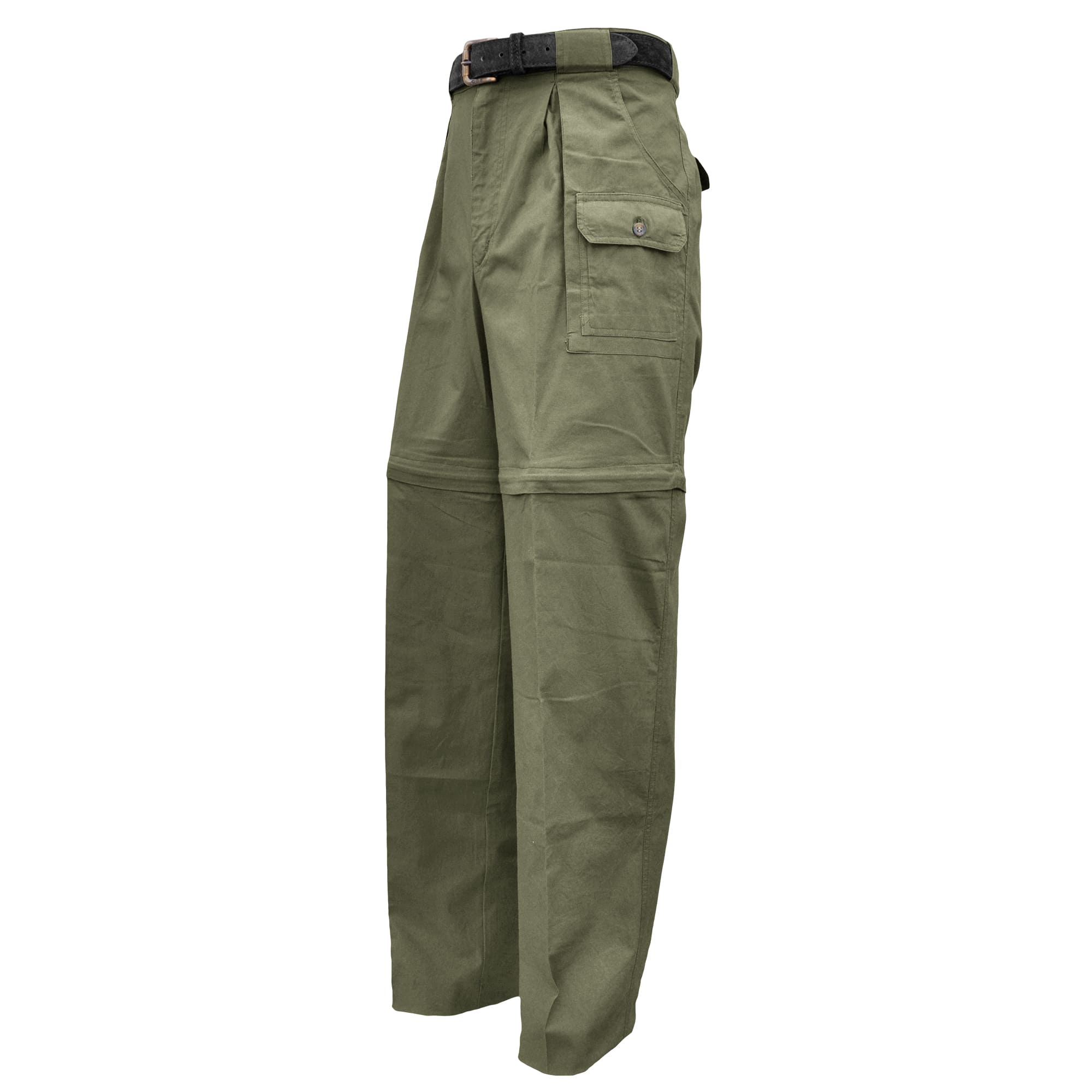 Tag Safari Zambezi Convertible Pants for Men feature zip-off legs, slash-style hip pockets, button-flap side, back, and utility pockets, discreet elastic waist panels, and large belt loops. Shown in Moss Green.--4