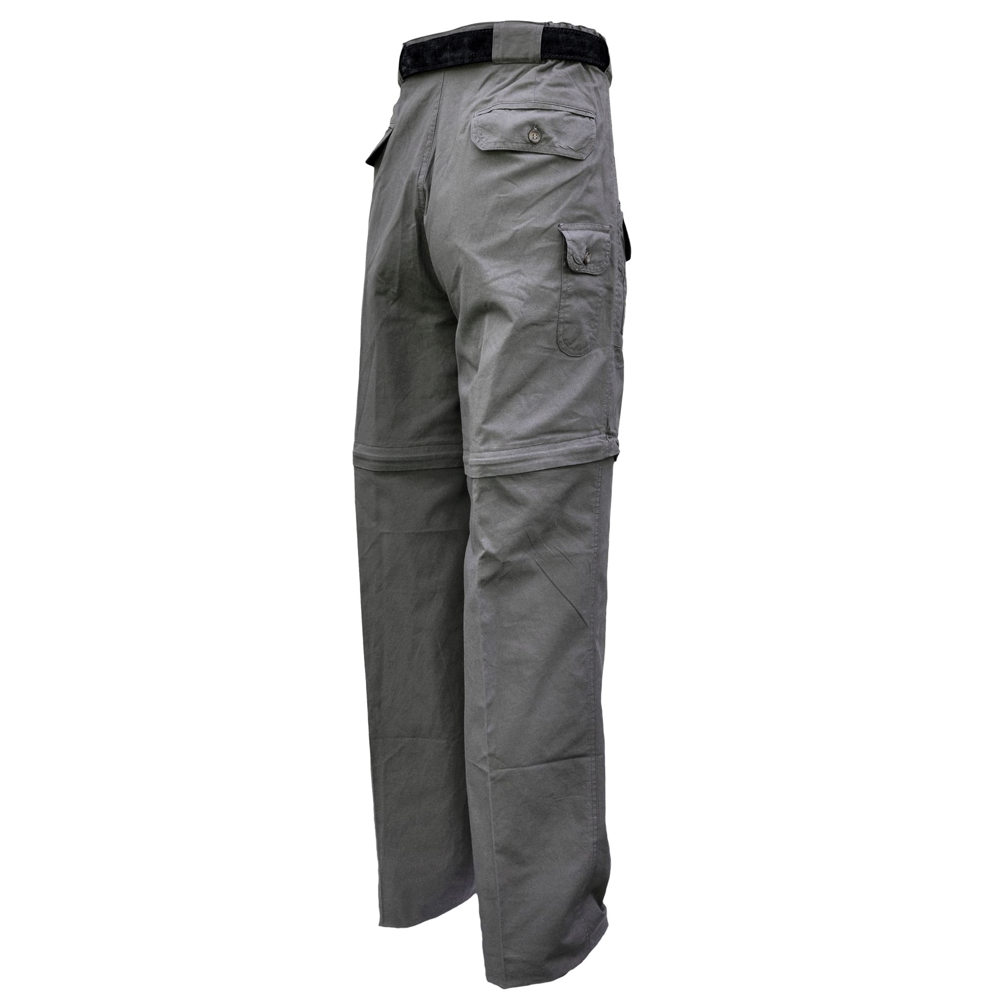 Tag Safari Zambezi Convertible Pants for Men feature zip-off legs, slash-style hip pockets, button-flap side, back, and utility pockets, discreet elastic waist panels, and large belt loops. Shown in Olive Gray.--2
