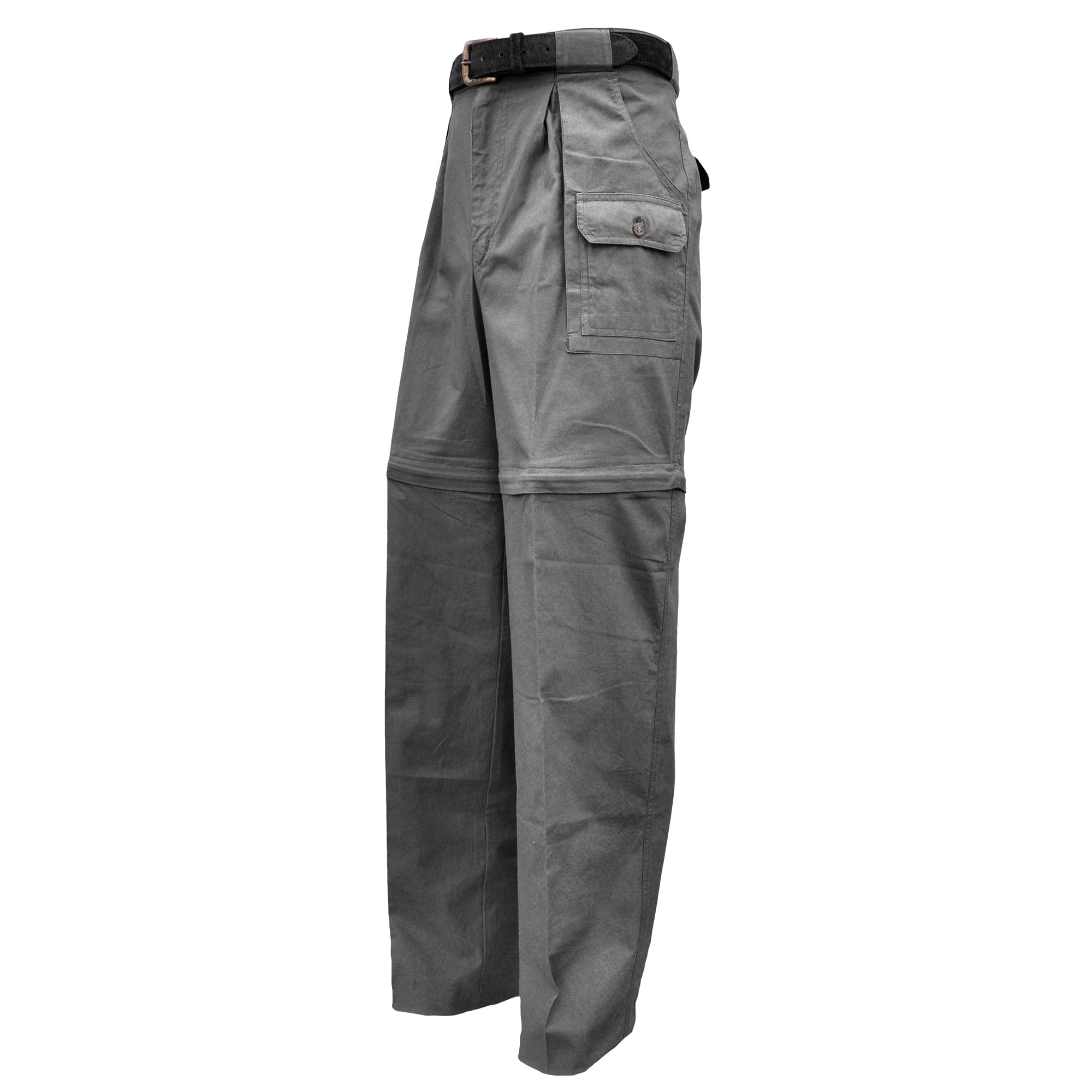 Tag Safari Zambezi Convertible Pants for Men feature zip-off legs, slash-style hip pockets, button-flap side, back, and utility pockets, discreet elastic waist panels, and large belt loops. Shown in Olive Gray.--1