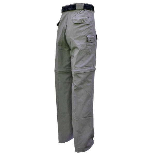 Back of Men's Zambezi Convertible Pants, color Olive. The pants have removable mid-thigh zippered legs, two flap-covered pockets on the seat, a flap-covered utility pocket on the side, expandable waist panels, oversized belt loops, and double stitching throughout. 100% cotton.