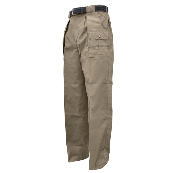 Front of Men's Six Pocket Congo Pants, color Khaki. The pants have two slash pockets on the hip, two flap-covered pockets up front, expandable waist panels, oversized belt loops, and double stitching throughout. 100% cotton.