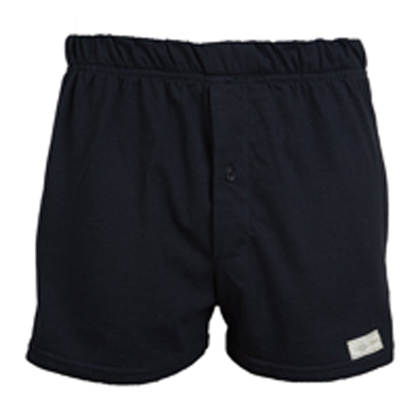 Front view of a pair of Go Wild Boxers, color Black. The boxers have an elastic waistband, a buttoned front fly, and a Tag Buffalo label on the bottom front of the left leg. 100% cotton.