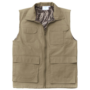 Tag Safari Lightweight Cotton Safari Vest for Women in Khaki. Front view shows a roll-up collar, an Afri-Camo liner, two flap covered chest pockets, two flap-covered waist pockets, and a zippered front closure.