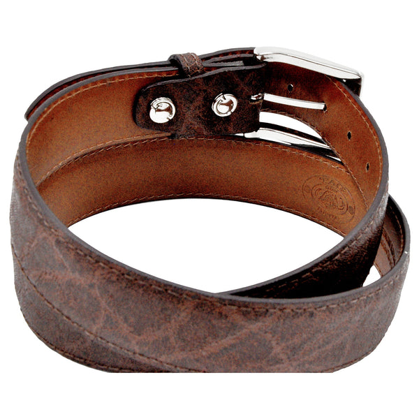 Back view of an Elephant Game Skin Belt, color Brown. The belt has a stainless steel buckle, five waist adjustment positioning holes, two Chicago-style belt length adjustment screws, a matching leather keeper loop, and a Tag Safari logo branded inside. Genuine game skin leather.