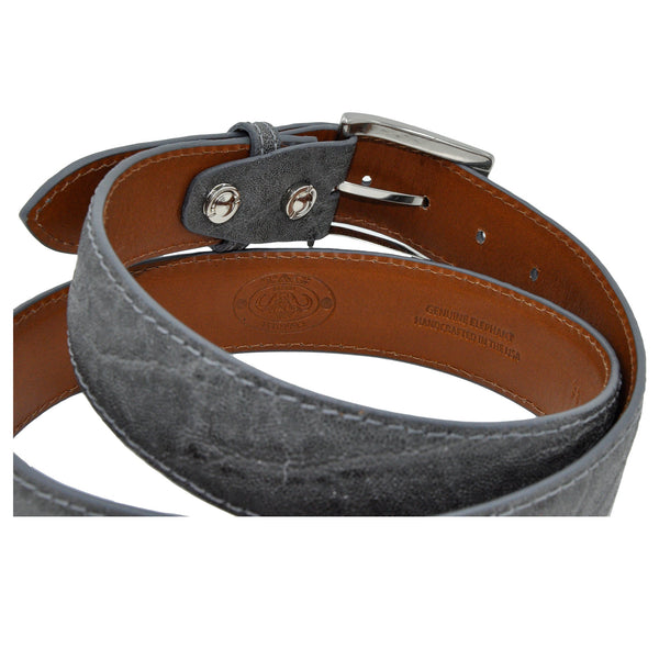 Back view of an Elephant Game Skin Belt, color Grey. The belt has a stainless steel buckle, five waist adjustment positioning holes, two Chicago-style belt length adjustment screws, a matching leather keeper loop, and a Tag Safari logo branded inside. Genuine game skin leather.