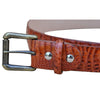 Closeup of a Caiman Crocodile Game Skin Belt, color Cognac. The belt has a solid brass buckle, two Chicago-style belt length adjustment screws, and a matching leather keeper loop. Genuine game skin leather.