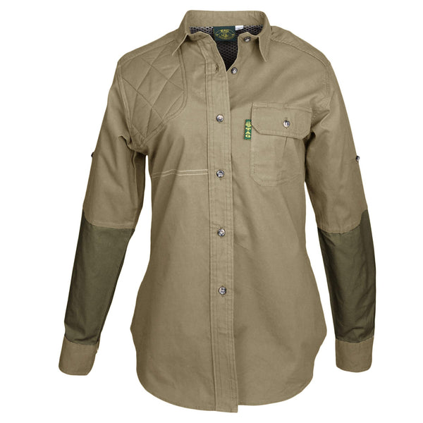 Front of a Woman's Clay Bird Shirt in Long Sleeves, color Khaki/Moss. The shirt has a quilted recoil pad at the right shoulder, contrasted forearms, a single flap-covered chest pocket, a button-front placket, a stitched FITASC gun position line, double stitching throughout, and long rounded tails for tucking into pants. 100% cotton.