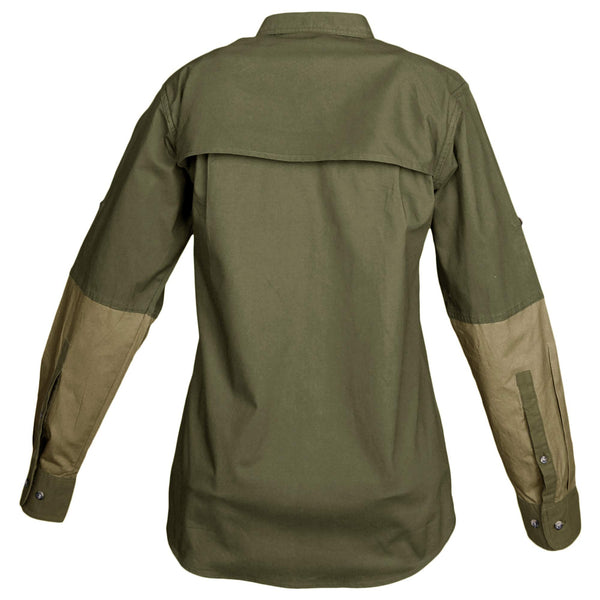 Back of a Woman's Clay Bird Shirt in Long Sleeves, color Moss/Khaki. The shirt has a mesh-lined vented back, contrasted forearms, double stitching throughout, and long rounded tails for tucking into pants. 100% cotton.