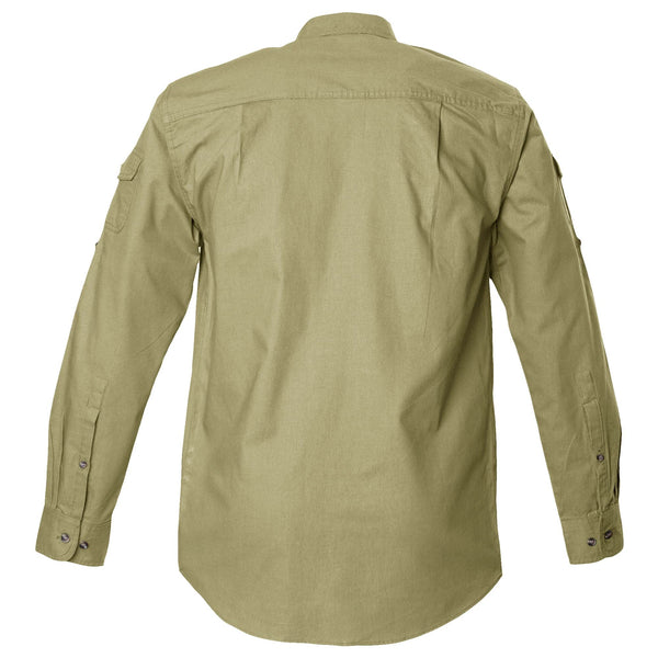 Back view of a Men's Shooter Shirt in Long Sleeves, color Khaki. The shirt has functional cross-stitched shoulder straps, double stitching throughout, and long rounded tails for tucking into pants. 100% cotton.