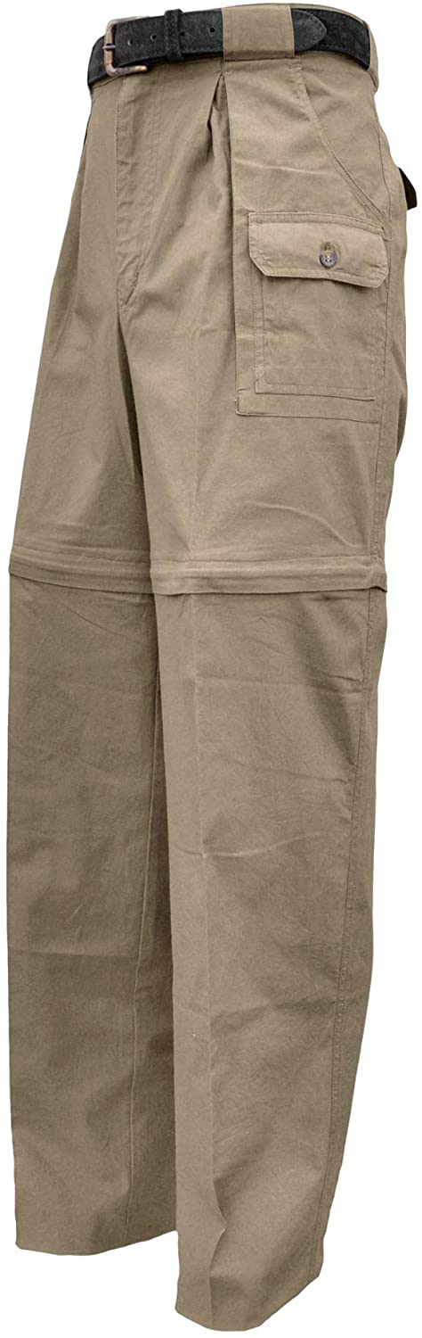 Front of Men's Zambezi Convertible Pants, color Khaki. The pants have removable mid-thigh zippered legs, two slash pockets at the hip, two flap-covered cargo pockets up front, expandable waist panels, oversized belt loops, and double stitching throughout. 100% cotton.