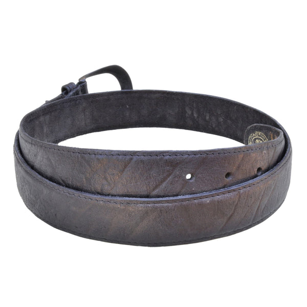 Back view of a Cape Buffalo Game Skin Belt, color Black. The belt has a solid brass buckle, five waist adjustment positioning holes, two Chicago-style belt length adjustment screws, a matching leather keeper loop, and a Tag Safari logo branded inside. Genuine game skin leather.