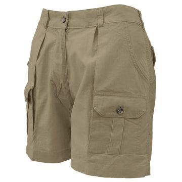 Front of Women's Pro Hunting Shorts, color Khaki. The shorts have a 5 1/2" inseam, two slash pockets at the hip, two flap-covered pockets up front, expandable waist panels, oversized belt loops, and double stitching throughout. 100% cotton.
