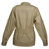 Back view of a Women's Safari Jacket, color Khaki. The jacket has a double yolk, functional cross-stitched shoulder straps, Swiss roll-up tabs on the sleeves, a buckled waist belt, and double stitching throughout. 100% cotton.