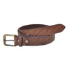 Front view of a Cape Buffalo Game Skin Belt, color Brown. The belt has a solid brass buckle, five waist adjustment positioning holes, two Chicago-style belt length adjustment screws, a matching leather keeper loop, and a Tag Safari logo branded inside. Genuine game skin leather.