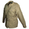 Side view of a Women's Safari Jacket, color Khaki. The jacket has two large flap-covered cargo-style chest pockets, two large flap-covered cargo-style waist pockets, functional cross-stitched shoulder straps, Swiss roll-up tabs on the sleeves, a button-front placket, a buckled waist belt, and double stitching throughout. 100% cotton.