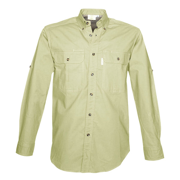 Front view of a Men's Vent Back Adventure Shirt in Long Sleeves, color Stone. The shirt has two flap-covered chest pockets, button-down collars, buttoned Swiss tabs on the sleeves, a button-front placket, double stitching throughout, and long rounded tails for tucking into pants. 100% cotton.