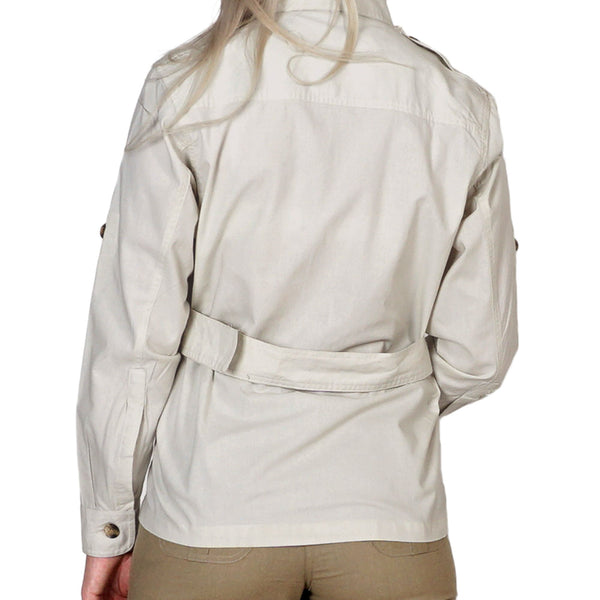 Back view of a Women's Safari Jacket, color Stone. The jacket has a double yolk, functional cross-stitched shoulder straps, Swiss roll-up tabs on the sleeves, a buckled waist belt, and double stitching throughout. 100% cotton.