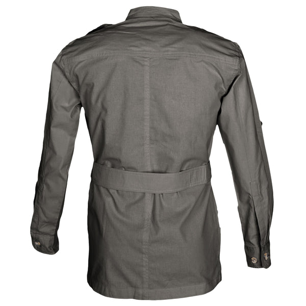 Back view of a Men's Safari Jacket, color Olive. The jacket has a double yolk, functional cross-stitched shoulder straps, Swiss roll-up tabs on the sleeves, a buckled waist belt, and double stitching throughout. 100% cotton.