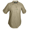 Front of a Woman's Clay Bird Shirt in Short Sleeves, color Khaki. The shirt has a quilted recoil pad at the right shoulder, a flap-covered chest pocket, a button-front placket, a stitched FITASC gun position line, double stitching throughout, and long rounded tails for tucking into pants. 100% cotton.