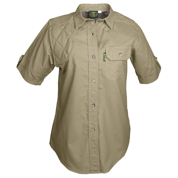 Front of a Woman's Clay Bird Shirt in Short Sleeves, color Khaki. The shirt has a quilted recoil pad at the right shoulder, a flap-covered chest pocket, a button-front placket, a stitched FITASC gun position line, double stitching throughout, and long rounded tails for tucking into pants. 100% cotton.