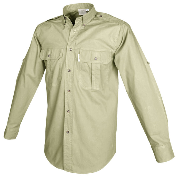 Side view of a Men's Trail Shirt in Long Sleeves, color Stone. The shirt has two flap-covered chest pockets, button-down collars, functional cross-stitched shoulder straps, a button-front placket, double stitching throughout, and long rounded tails for tucking into pants. 100% cotton.