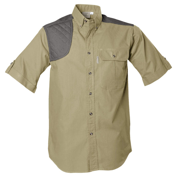 Front of a Men's Upland Shirt in Short Sleeves, color Khaki/Olive. The shirt has a contrasted quilted shooter patch, two flap-covered chest pockets, button-down collars, buttoned roll-up tabs on the sleeve cuffs, a button-front placket, double stitching throughout, and long rounded tails for tucking into pants. 100% cotton.