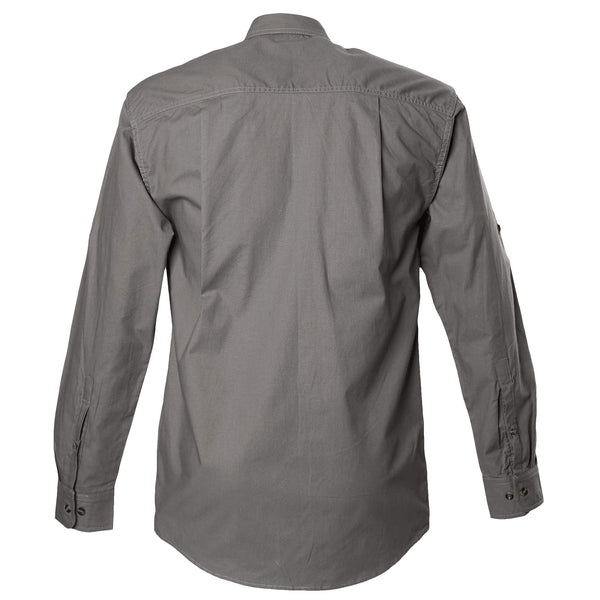 Back view of a Men's Safari Shirt in Long Sleeves, color Olive. The shirt has buttoned Swiss tabs on the sleeves, double stitching throughout, and long rounded tails for tucking into pants. 100% cotton.