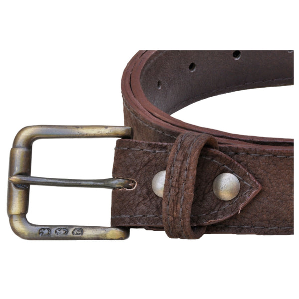 Closeup of a Warthog Game Skin Belt, color Brown. The belt has a solid brass buckle, two Chicago-style belt length adjustment screws, and a matching leather keeper loop. Genuine game skin leather.